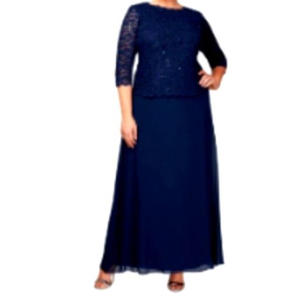 Alex Evenings Long Gown Size 20W Navy Blue w/ Sequin Lace Bodice & Chiffon Skirt - Picture 1 of 11